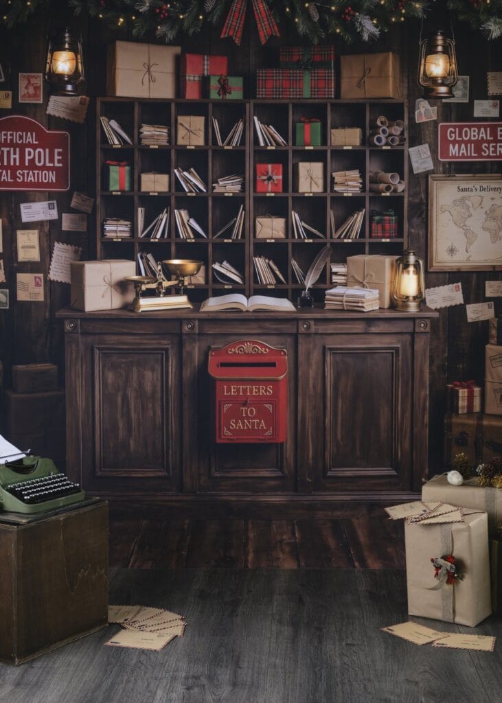 Décor du bureau de poste du Père Noël avec boîte aux lettres « Letters to Santa », casiers de tri et machine à écrire, mini séances de Noël 2026 en Alsace