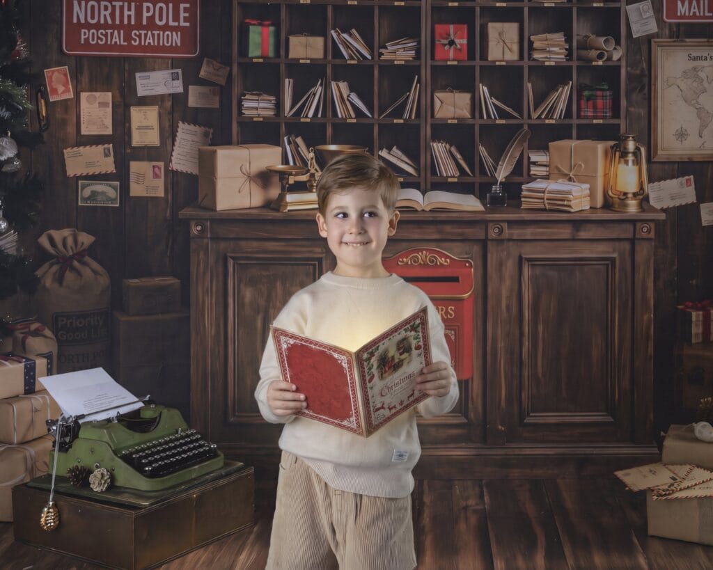 Enfant souriant qui tient une carte de Noël ouverte, mini séance photo de Noël 2026 à Haguenau