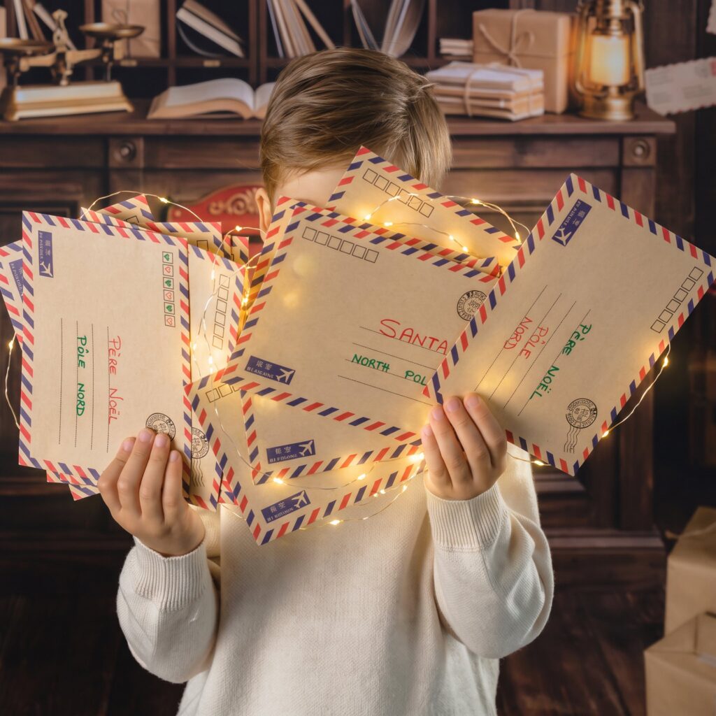 Enfant cachant son visage derrière des enveloppes « Père Noël, Pôle Nord » et une guirlande lumineuse, mini séance de Noël 2026 à Haguenau