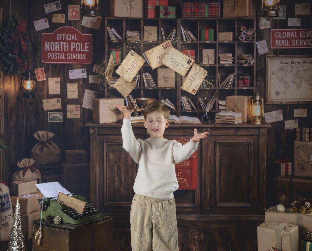 Enfant lançant des lettres en l'air dans un bureau de poste du Père Noël, séance photo de Noël pour enfant à Haguenau