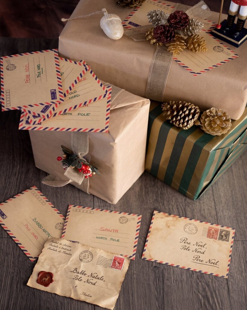 Enveloppes par avion adressées au Père Noël, à Santa et à Babbo Natale, posées sur des paquets cadeaux en papier kraft